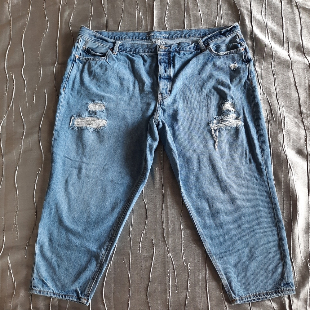 Old Navy High Rise Blue Jeans Sz 22 Slouchy Taper Button Fly Distressed